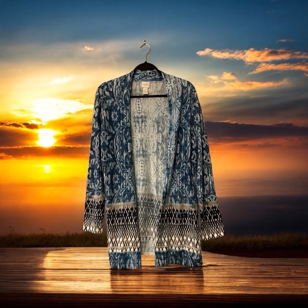 Chico’s Blue/Navy/Cream/Taupe Mixed Print Cardigan